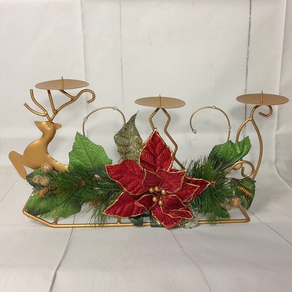 Candle Holder Reindeer Poinsettia Litetyme Handcrafted Metalworks - Picture 1 of 16